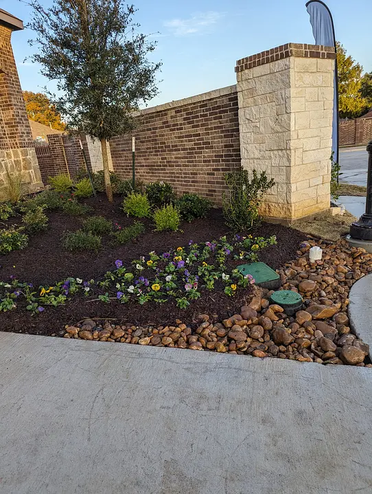 Flowerbed with colorful flowers and small shrubs next to a brick wall and sidewalk, under a clear blue sky.